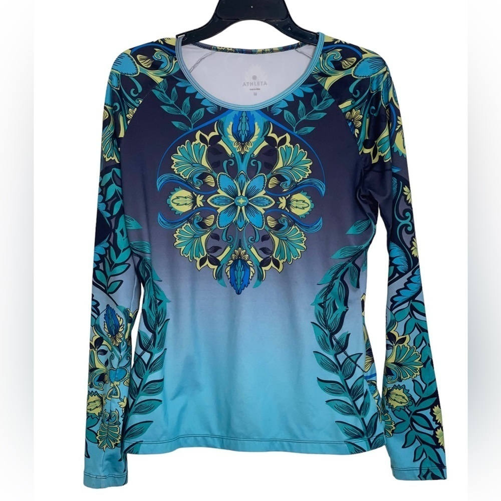 Athleta Runaway Paisley Activewear Teal Blue & Green LS Top Sz M - Picture 3 of 7